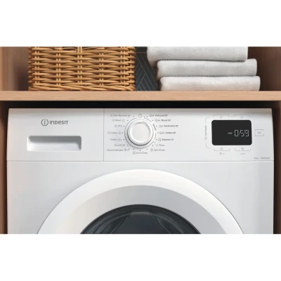 INDESIT Washing Machine  |  IM 864 MY TIME EE  |  Energy efficiency class A  |  Front loading  |  Washing capacity 8 kg  |  1400 RPM  |  Depth 54.6 cm  |  Width 60 cm  |  Display  |  Digit  |  Steam function  |  White
