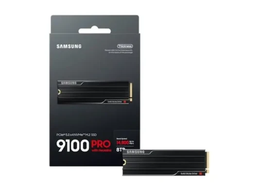Samsung SSD  |  9100 PRO ar siltuma izlietni  |  8000 GB  |  SSD formāts M.2 2280  |  Cietā stāvokļa diska interfeiss PCIe 5.0 x4, NVMe 2.0  |  Lasīšanas ātrums 14800 MB / s  |  Rakstīšanas ātrums 13400 MB / s