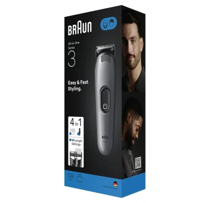 Braun 4-in-1 kopšanas komplekts  |  Viss vienā sērija 3 AIO3500  |  Bezvadu  |  Garuma posmu skaits 14  |  Melns