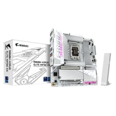 Gigabyte B860M AORUS ELITE WIFI6E ICE  |  Processor family Intel  |  Processor socket LGA1851  |  DDR5  |  Supported hard disk drive interfaces SATA, M.2  |  Number of SATA connectors 4