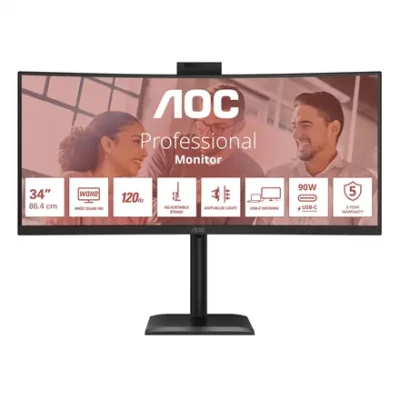 AOC  |  CU34E4CW  |  34 "  |  VA  |  UWQHD  |  120 Hz  |  4 ms  |  3440 x 1440 pixels  |  350 cd / m²  |  HDMI ports quantity 2  |  Black