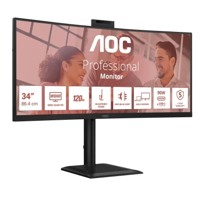 AOC  |  CU34E4CW  |  34 "  |  VA  |  UWQHD  |  120 Hz  |  4 ms  |  3440 x 1440 pixels  |  350 cd / m²  |  HDMI ports quantity 2  |  Black