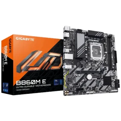 Gigabyte B860M E  |  Processor family Intel  |  Processor socket LGA1851  |  DDR5  |  Supported hard disk drive interfaces SATA, M.2  |  Number of SATA connectors 4