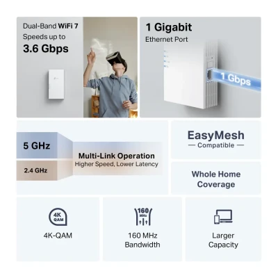 TP-LINK BE3600 Dual-Band Wi-Fi 7 Range Extender  |  RE220BE  |  802.11ax  |  1000 Mbit / s  |  Ethernet LAN (RJ-45) ports 1  |  MU-MiMO No  |  no PoE  |  Antenna type 2x External