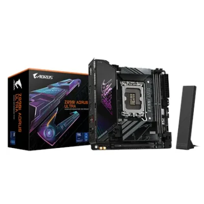 Gigabyte Z890I AORUS ULTRA  |  Processor family Intel  |  Processor socket LGA1851  |  DDR5  |  Supported hard disk drive interfaces M.2, SATA  |  Number of SATA connectors 2