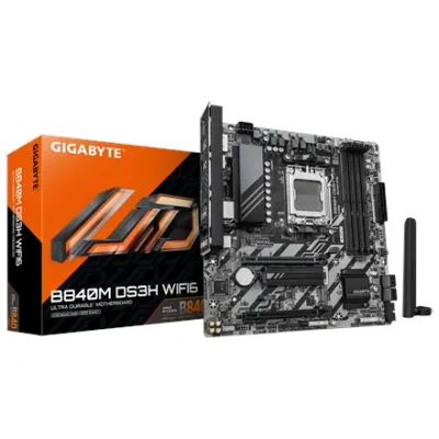Gigabyte B840M DS3H WIFI6 (rev. 1.1)  |  Processor family AMD  |  Processor socket AM5  |  DDR5  |  Supported hard disk drive interfaces SATA, M.2  |  Number of SATA connectors 4