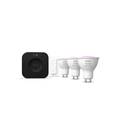 Philips Hue sākuma komplekts: 3 GU10 spuldzes, dimmera slēdzis, Hue Bridge Pro  |  GU10  |  Zigbee, Wi-Fi, Bluetooth