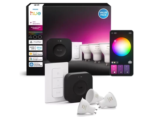 Philips Hue sākuma komplekts: 3 GU10 spuldzes, dimmera slēdzis, Hue Bridge Pro  |  GU10  |  Zigbee, Wi-Fi, Bluetooth