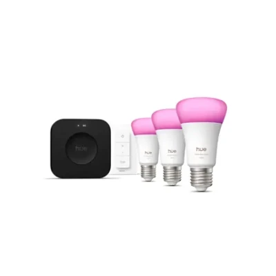 Philips Hue sākuma komplekts: 3 gudras E27 spuldzes, dimmēšanas slēdzis, Hue Bridge Pro  |  E27  |  Baltā un krāsainā gaisma