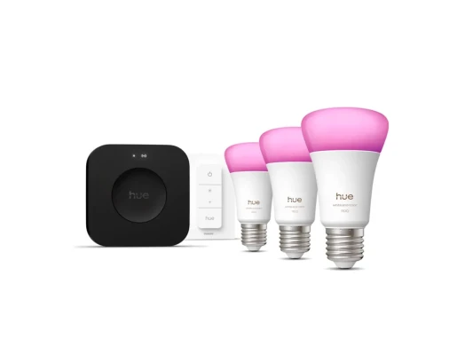 Philips Hue sākuma komplekts: 3 gudras E27 spuldzes, dimmēšanas slēdzis, Hue Bridge Pro  |  E27  |  Baltā un krāsainā gaisma