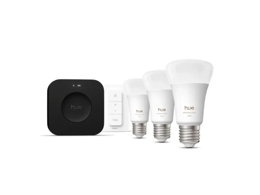 Philips Hue sākuma komplekts: 3 gudras E27 spuldzes, dimmēšanas slēdzis, Hue Bridge Pro  |  E27  |  Baltā un krāsainā gaisma