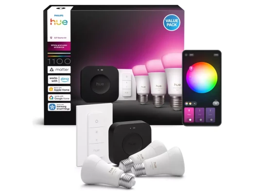Philips Hue sākuma komplekts: 3 gudras E27 spuldzes, dimmēšanas slēdzis, Hue Bridge Pro  |  E27  |  Baltā un krāsainā gaisma