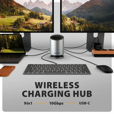 AXAGON USB-C 10Gbps Wireless Charging 9in1 hub  |  HMC-WL9