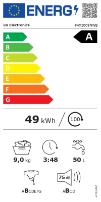LG F4X1009NWB veļas mašīna, A, frontālā ielāde, mazgāšanas jauda 9 kg, dziļums 55 cm, 1400 RPM, balts  |  LG
