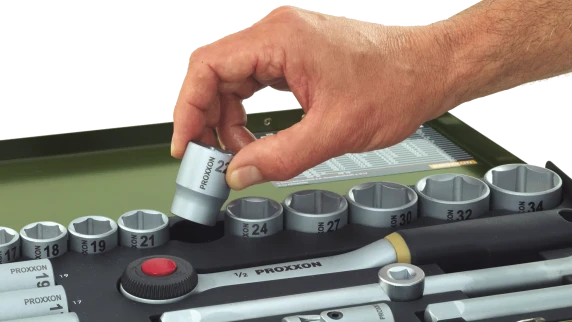 Proxxon  |  Uzgriežņu atslēgu un ratchet komplekts, 3 / 8"  |  65 gab.