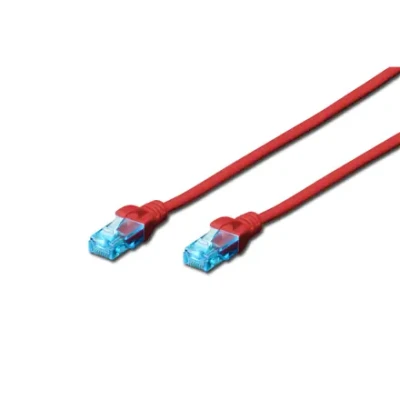 CAT 5e U-UTP  |  Patch cord  |  PVC AWG 26 / 7  |  Boots with kink protection, strain relief and latch protection  |  Red  |  0.5 m  |  Modular RJ45 (8 / 8) plug