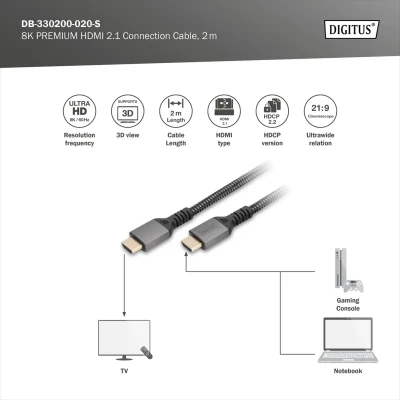 Digitus 8K HDMI Ultra High Speed Connection Cable  |  DB-330200-020-S  |  2 m