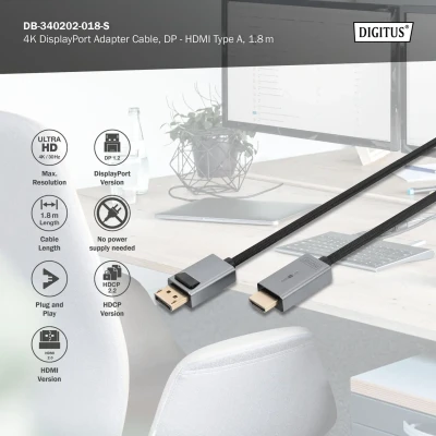 Digitus 4K DisplayPort Adapter Cable, DP - HDMI Type A  |  DB-340202-018-S  |  1.8 m