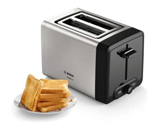 Bosch  |  DesignLine Toaster  |  TAT4P420  |  Power 970 W  |  Number of slots 2  |  Housing material Stainless Steel  |  Stainless steel / Black