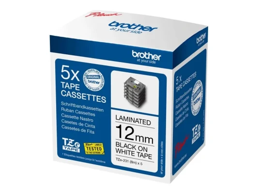 Brother TZE231M5  |  Black on white  |  Laminated tape  |  1.2 cm x 8 m