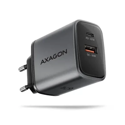 Сетевое зарядное устройство AXAGON ACU-PQ67 GaN 67W, 2x порта (USB-A + USB-C) PD3.0 / PPS / QC4+ / SFC 2.0 / Apple, черный