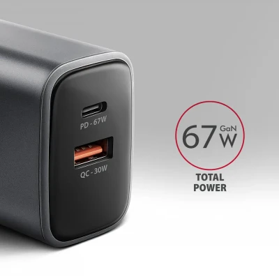 Сетевое зарядное устройство AXAGON ACU-PQ67 GaN 67W, 2x порта (USB-A + USB-C) PD3.0 / PPS / QC4+ / SFC 2.0 / Apple, черный