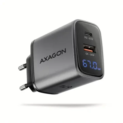 Сетевое зарядное устройство AXAGON ACU-PQ67D GaN 67W, USB-A + USB-C, PD3.0 / PPS / QC4+ / SF, черный