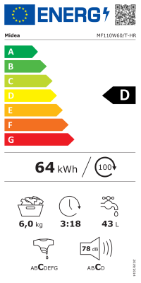 Midea MF110W60 / T-HR Washing Machine  |  6 kg  |  1000 RPM  |  Depth 40 cm  |  Energy Class D  |  Silver