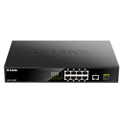 D-Link  |  10 Gigabit port Switch with PoE  |  DGS-1010MP  |  Unmanaged  |  Desktop  /  Rackmount  |  Gigabit Ethernet (copper) ports quantity 1  |  SFP ports quantity 1  |  Power over Ethernet (PoE) ports quantity 8