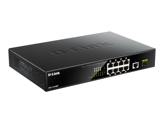 D-Link  |  10 Gigabit port Switch with PoE  |  DGS-1010MP  |  Unmanaged  |  Desktop  /  Rackmount  |  Gigabit Ethernet (copper) ports quantity 1  |  SFP ports quantity 1  |  Power over Ethernet (PoE) ports quantity 8