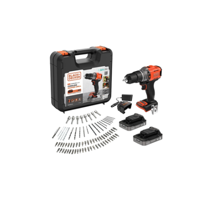 BLACK & DECKER 18V Impact Drill (with 2 x 18V 2.0Ah batteries with charge status indicator, 1A charger and 80 accessories)  |  BCD383D2XKA-QW  |  2.0 Ah