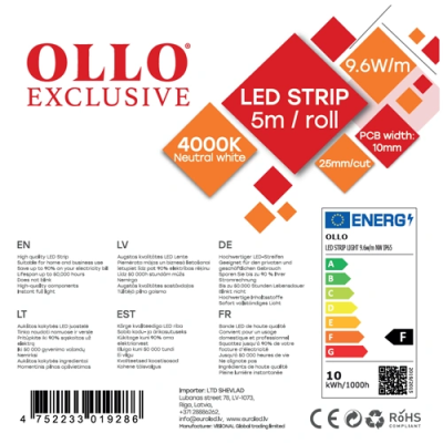 LED strip SMD2835, 4000K, IP65, 12V, 9.6W / m, 1020Lm / m