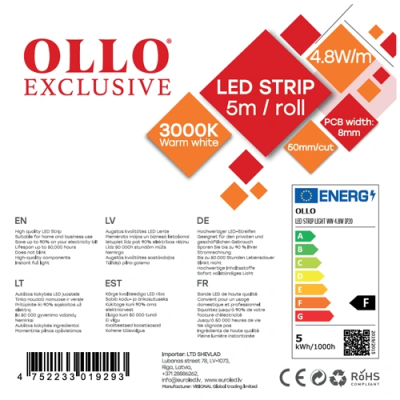 LED strip SMD2835, 3000K, IP20, 12V, 4.8W / m, 460Lm / m