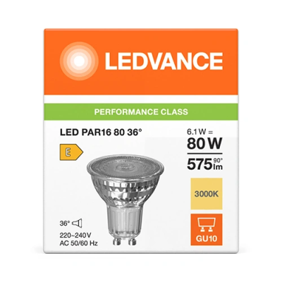 LED Bulb GU10, 6.1W, 3000K, 575Lm, 36°