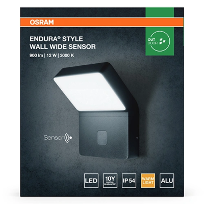 Outdoor LED facade light 12W, 3000K, 900Lm, IP44, ENDURA Style Wall Wide Sensor
