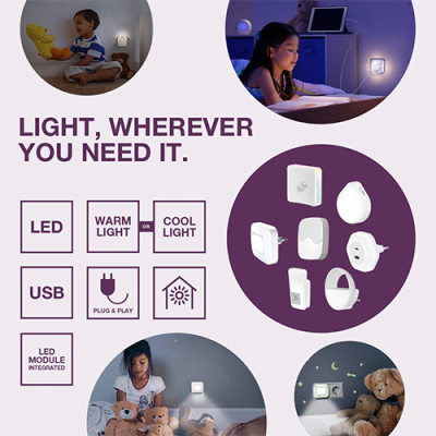 Plug-in LED night light with light sensor LUNETTA 3000К, IP20, 0.3W