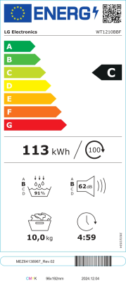 LG Washing machine with dryer  |  WT1210BBF  |  Energy efficiency class A / C  |  Front loading  |  Washing capacity 12 kg  |  1400 RPM  |  Depth 66 cm  |  Width 60 cm  |  Display  |  LED  |  Drying system  |  Drying capacity 10 kg  |  Steam function  |  