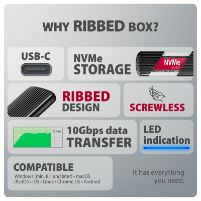 AXAGON USB-C 10Gbps M.2 NVMe SSD Enclosure, Screwless, RIBBED Aluminum  |  EEM2-SC