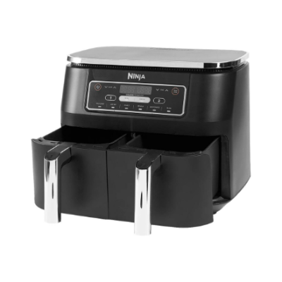NINJA  |  Gaisa friteze  |  AF300  |  Jauda 1 cepšanas nodalījumam: 1200 W; 2 cepšanas nodalījumiem: 2400 W  |  Ietilpība 7.6 L  |  Melns