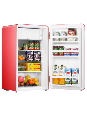 Midea Refrigerator  |  MDRD142SLE32  |  Energy efficiency class E  |  Free standing  |  Larder  |  Height 83.5 cm  |  Fridge net capacity 93 L  |  41 dB  |  Red
