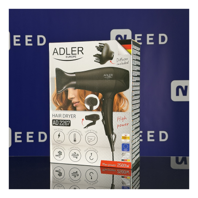 Adler  |  AD 2267  |  Hair Dryer  |  2100 W  |  Number of Temperature Settings 3  |  Diffuser Nozzle  |  Black