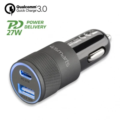 Ātrā Automobiļa Lādētājs+ 27W ar Ātro Uzlādi, pelēks  /  melns