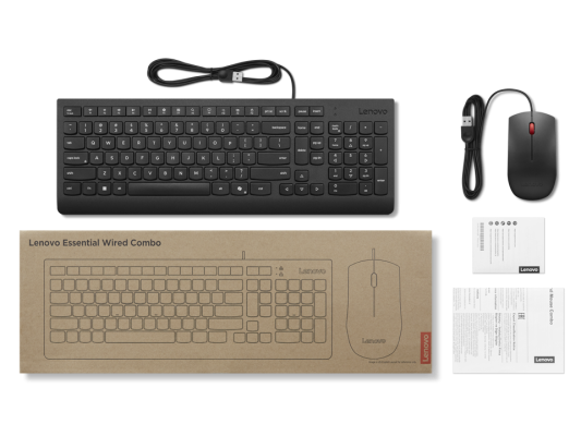 Lenovo Essential Wired Combo Клавиатура и Мышь  |  Комплект клавиатуры и мыши  |  Проводной  |  Мышь в комплекте  |  Эстонский  |  Черный