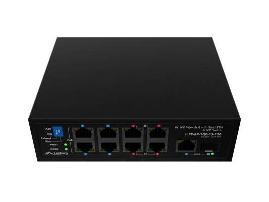 Lanberg Switch PoE 4xBT 4xAT SFP / ETH Din Unmanagment Fast Ethernet  |  ILFE-8P-1GE-1S-120  |  Unmanaged  |  Din rail, Rack