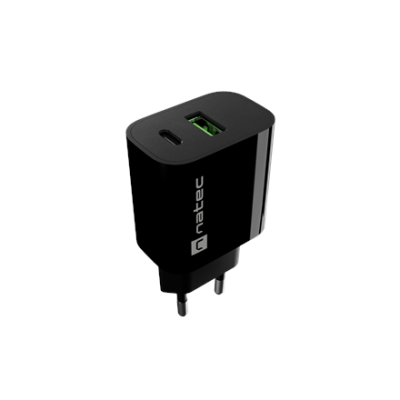 Зарядное устройство Natec Ribera USB 1X USB-A + 1X USB-C 20W, Чёрный