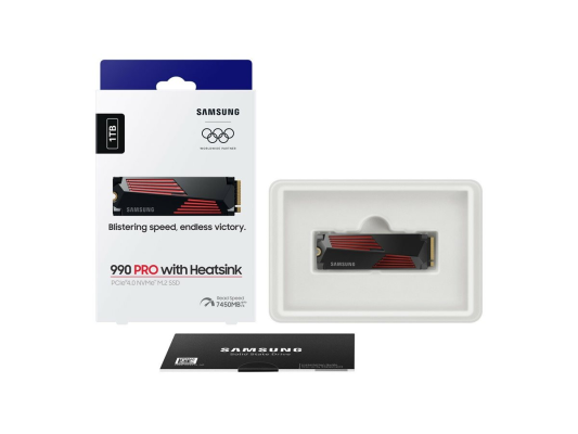 Samsung  |  990 PRO with Heatsink  |  1000 GB  |  SSD form factor M.2 2280  |  Solid-state drive interface M.2 NVMe  |  Read speed 7450 MB / s  |  Write speed 6900 MB / s