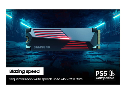 Samsung  |  990 PRO with Heatsink  |  1000 GB  |  SSD form factor M.2 2280  |  Solid-state drive interface M.2 NVMe  |  Read speed 7450 MB / s  |  Write speed 6900 MB / s