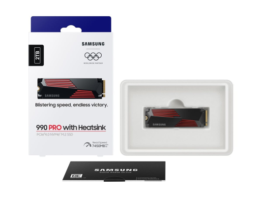 Samsung  |  990 PRO ar siltuma izlietni  |  2000 GB  |  SSD forma M.2 2280  |  Cietā diska interfeiss M.2 NVMe  |  Lasīšanas ātrums 7450 MB / s  |  Rakstīšanas ātrums 6900 MB / s
