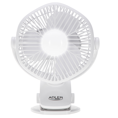 Adler Rechargeable fan with clip  |  AD 7335  |  Table Fan  |  6 W  |  Diameter 12.7 cm  |  Number of speeds 3  |  Oscillation  |  White