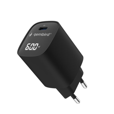 Gembird TA-UC-1C-PD60LCD-01-BK 60W USB Type-C ātrā lādētāja, LCD, melns  |  Gembird